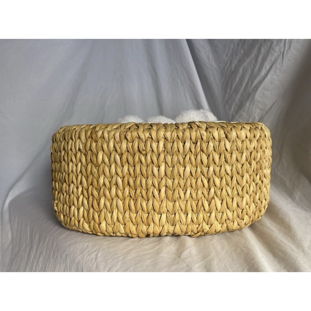 Woven Straw Bride Tote Bag with Pom Pom Embroidery Wedding Large Semi-Circle - Picture 4 of 5